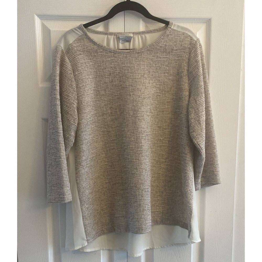 Van Heusen Mixed Media Blouse Womens Size L Tan Metallic Tweed Chiffon Workwear